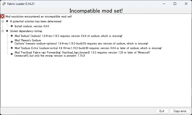 Incompatible Mod Set Error